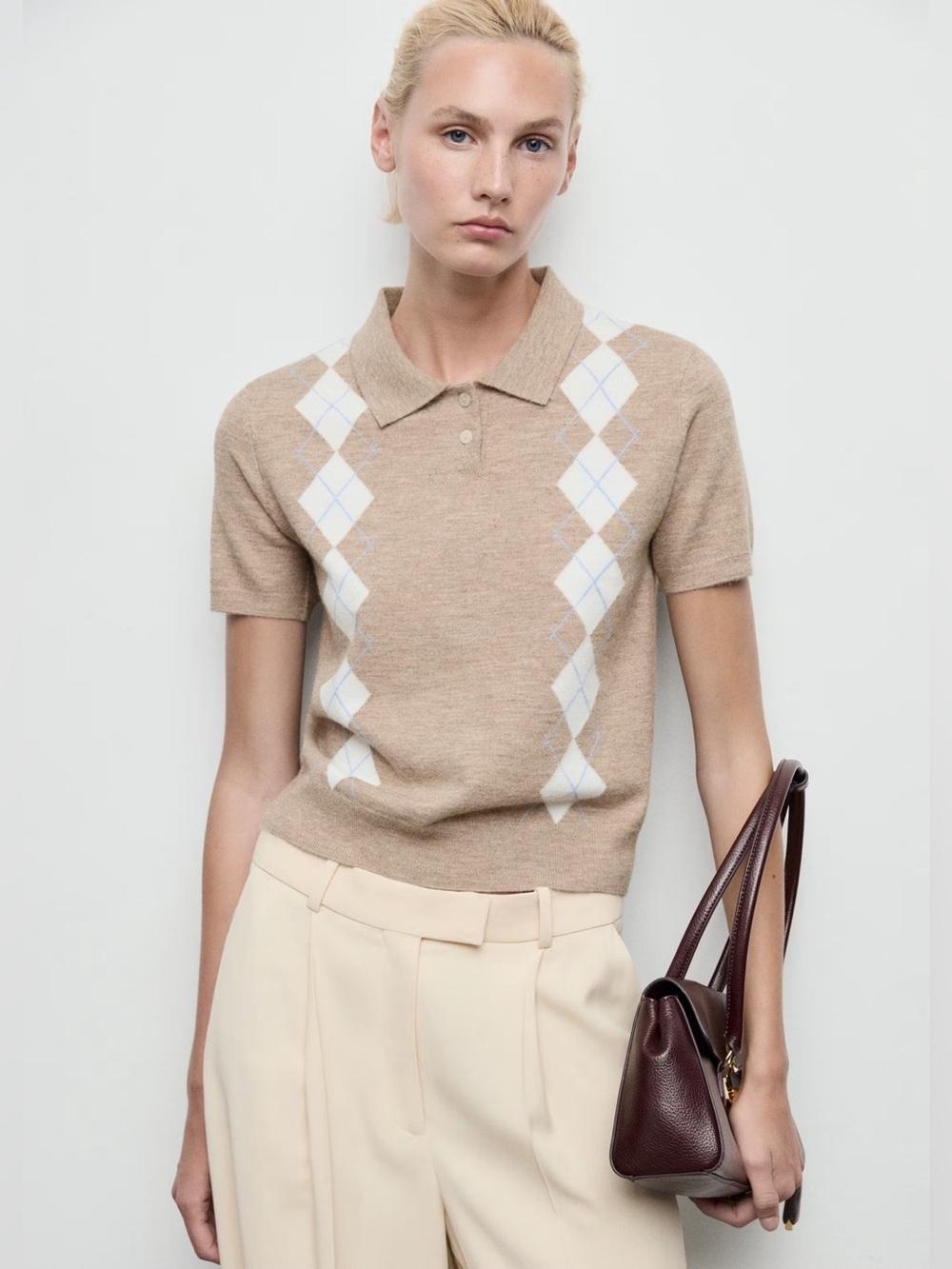 Mango Brown Argyle Polo neck Sweater NWT